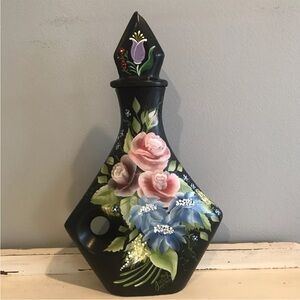 Folk Art Black Chalkware Decanter Bottle Hand Painted Flowers Signed By Artist